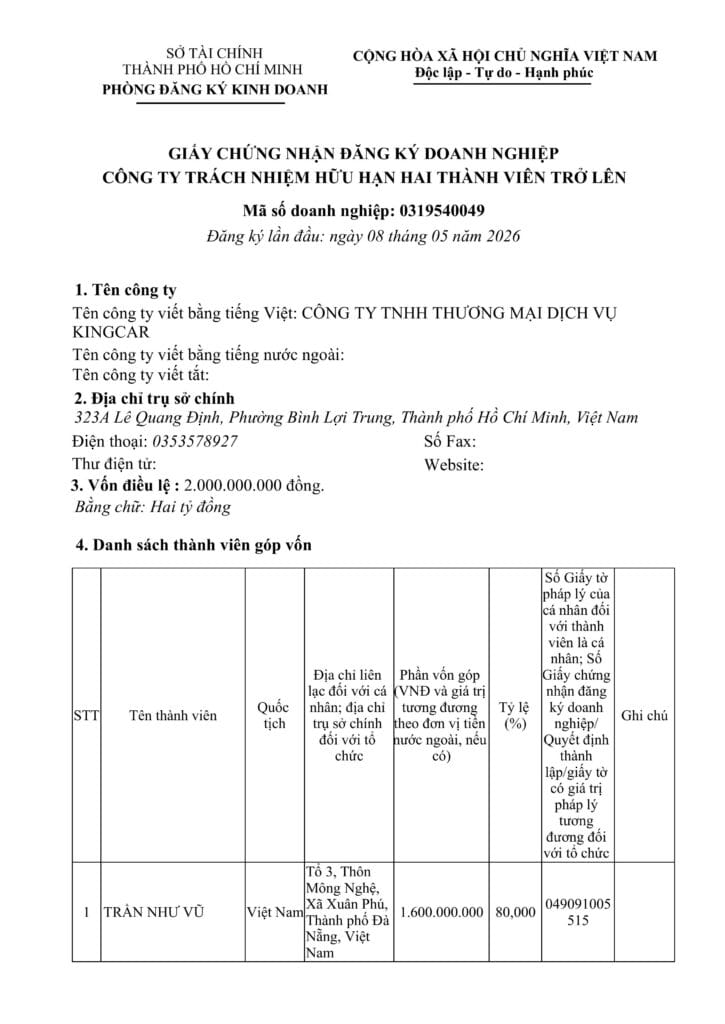 Giấy phép kinh doanh công ty kingcar travel