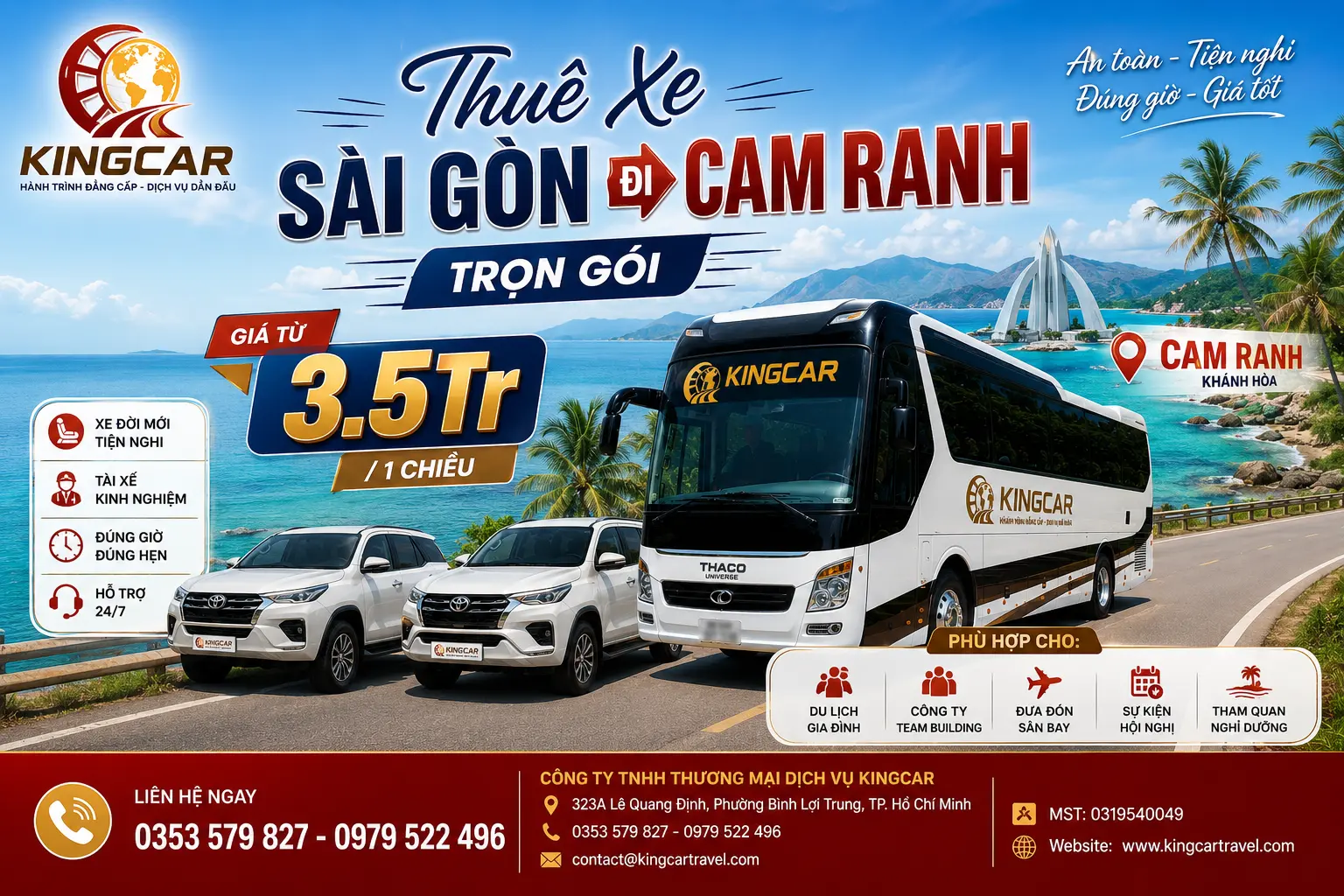Thuê Xe 4 7 16 29 45 chỗ có tài xế Sài Gòn Đi Cam Ranh Trọn Gói Giá Từ 3.5Tr