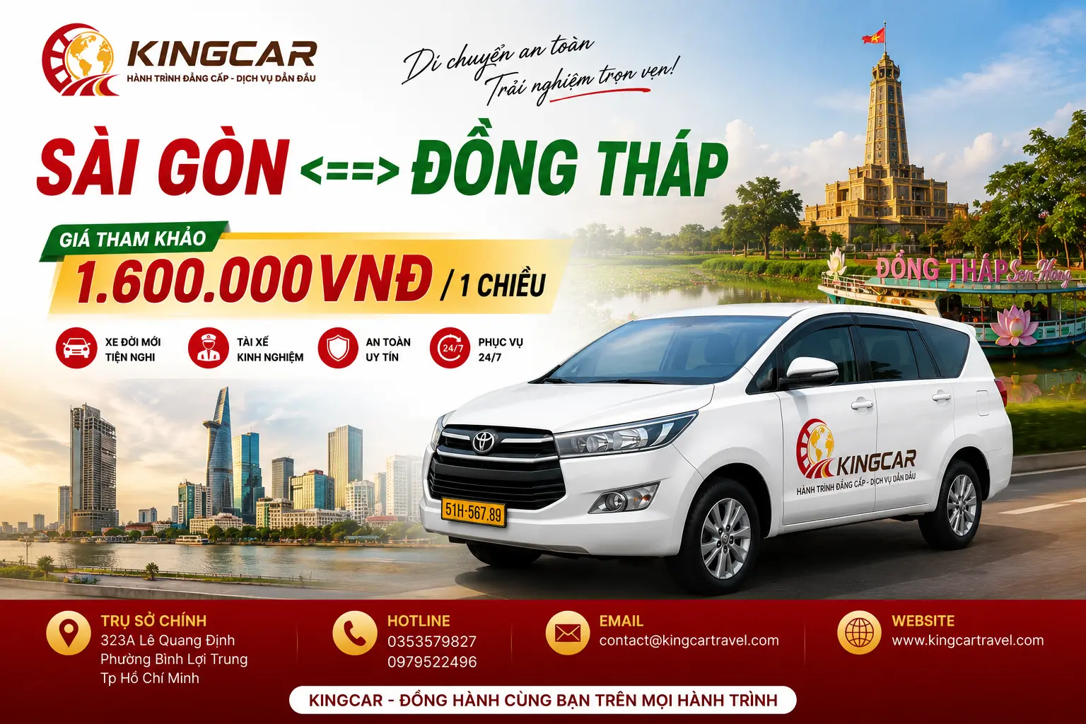 Thuê xe 4 7 16 29 45 chỗ có tài xế sài gòn đi Đồng Tháp