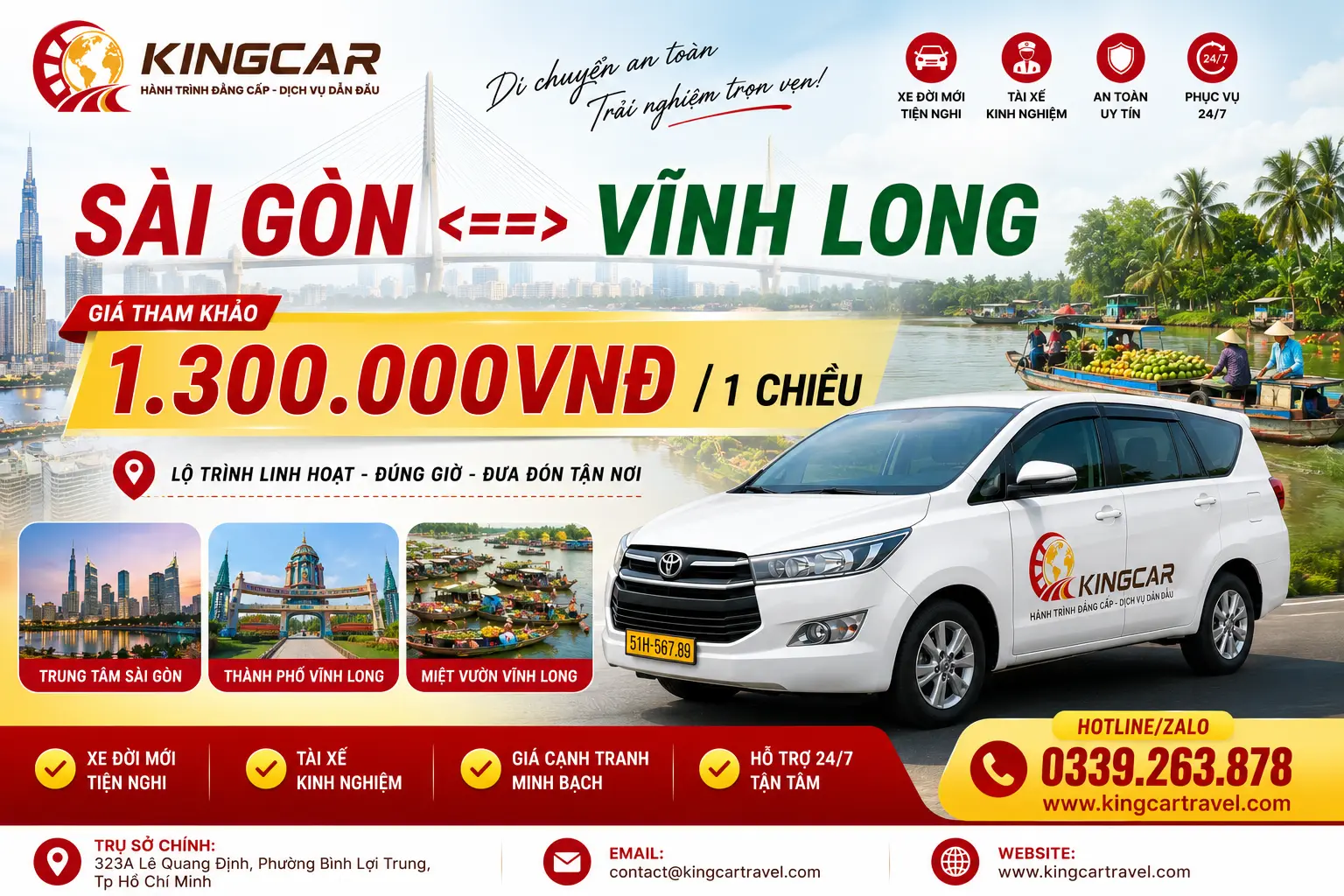 Thuê xe 4 7 16 29 45 chỗ có tài xế sài gòn đi Vĩnh Long