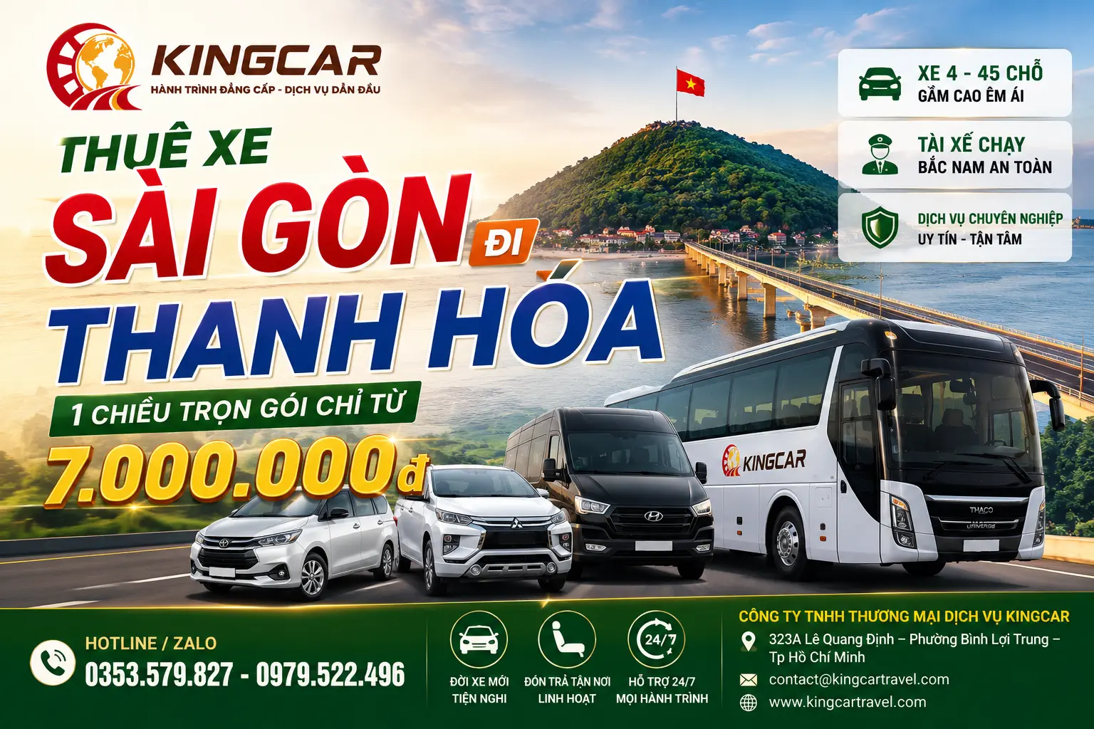 Thuê xe 4 7 16 29 45 chỗ có tài xế sài gòn đi thanh hóa