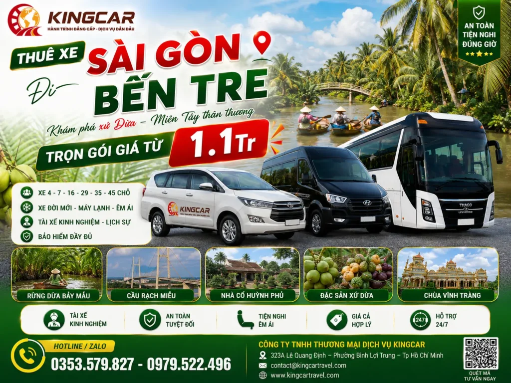 Thuê xe sài gòn đi bến tre xe 4 7 16 29 45 chỗ có tài xế