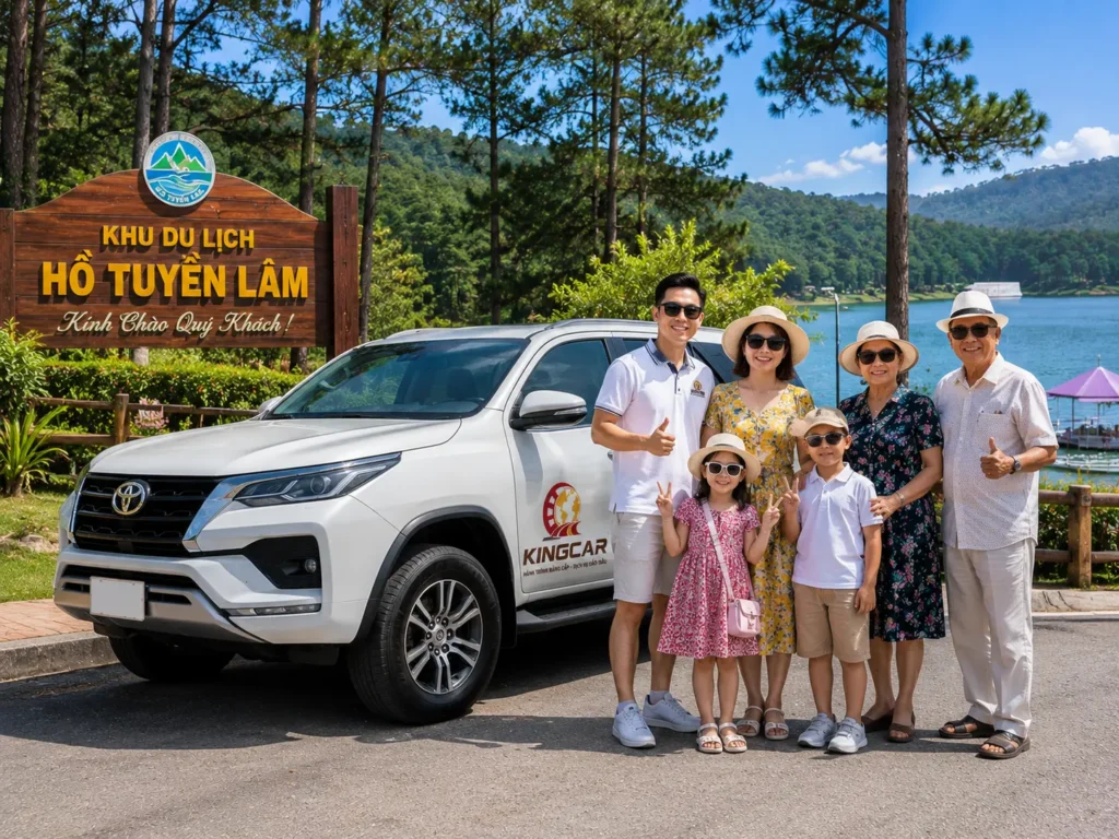 Đoàn khách gia đình chụp hình lưu niệm vui vẻ bên xe KINGCAR tại khu du lịch Hồ Tuyền Lâm Đà Lạt.